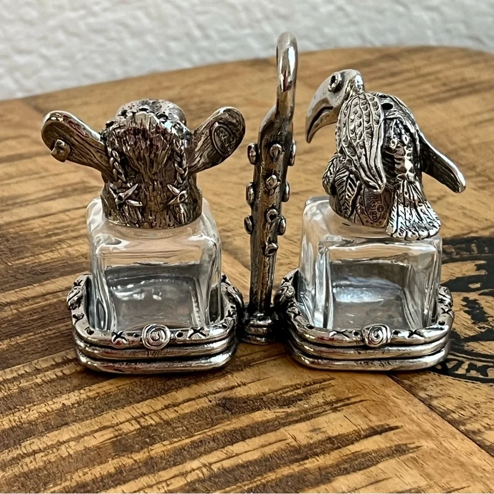 AST Pewter Salt Pepper Shakers Animal Head Glass Cow Bull Crow Bird of Prey